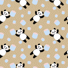 Naklejka premium Seamless pattern with Chinese cute pandas and colored marshmallows on a beige background with small polka dot dots. Trendy illustration for printing on textiles, fabrics, paper. 