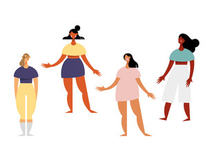 group of four women characters with diferent dresses