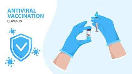 Coronavirus vaccination banner. Covid-19 prevention. Hands with medical gloves holding vaccine bottle and syringe with needle. Safety measure during coronavirus. Vector illustration.