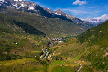 Aerial view of the Realp village and the Reuss river in Switzerland