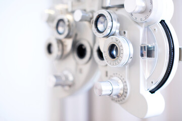 Phoropter, ophthalmic testing device machine, close up, selective focus