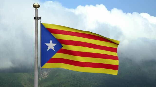 Catalonia independent flag waving in wind at mountain. Catalan estelada banner blowing soft silk. Cloth fabric texture ensign background. Use it for national day and country occasions concept.-Dan