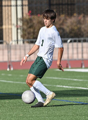 Young Athletic boy kicking the ball during a soccer game