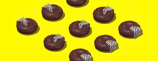 Creative design 3d render donuts in isometry scene on yellow space. Restaurant, bakery shop, food delivery concept art.