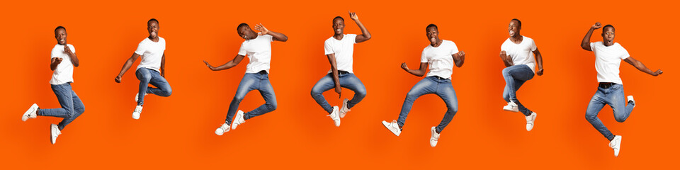 Fototapeta na wymiar Collage of jumping stylish black guy on orange