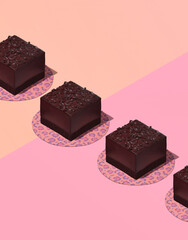 Creative minimal food design 3d render chocolate brownie cake in isometry pink cream vanilla space.  Restaurant, bakery, candy shop, food delivery concept modern art.