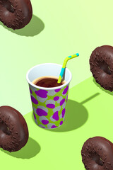 Creative minimal food design 3d render chocolate donuts and coffee cup in isometry fresh green space.  Restaurant, bakery, candy shop, food delivery concept modern art.