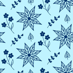 Vector illustration with plant elements. Floral modern print with stylized flowers on a blue background. Great for fabric, wallpaper, packaging.