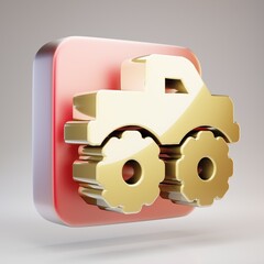 Monster Truck icon. Golden Monster Truck symbol on red matte gold plate. © Whitebarbie
