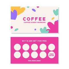 Loyalty card for cafe coffee. Stamps card collect 10 get 1 free. abstract background