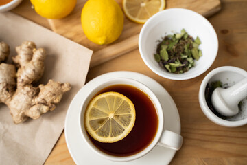 Antiviral drink with lemon, honey and ginger root, strengthening of immunity concept