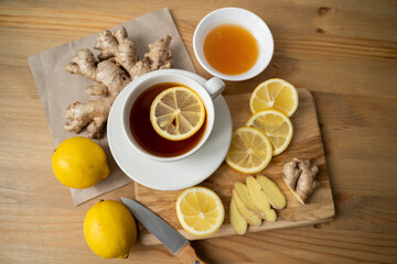 Antiviral drink with lemon, honey and ginger root, strengthening of immunity concept