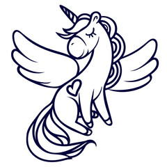 Hand-drawn flying magical unicorn with a heart.