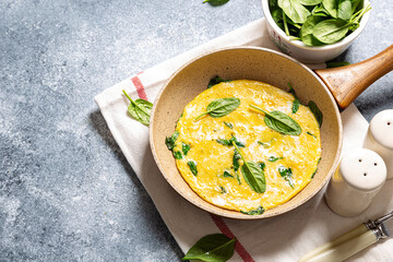 homemade egg omelet with spinach in a frying pan on a gray concrete background