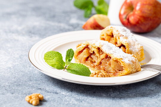 homemade flavored apple strudel in a plate on a gray concrete background with space for text