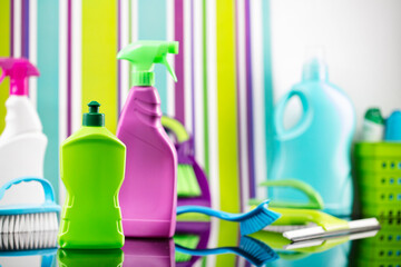 House and office cleaning theme. Colorful set of bottles with clining liquids and colorful cleaning...