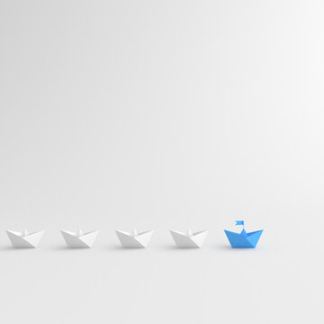 Leadership concept, blue leader boat leading white boats, on white background with empty copy space. 3D Rendering
