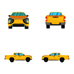 set of yellow double cab pickup truck on white background