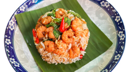 Stir fried shrimp and basil with steamed rice called khao pad kra pao in Thai.