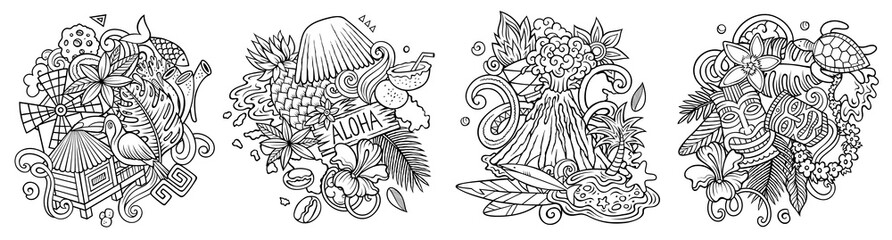 Hawaii cartoon vector doodle designs set. © balabolka