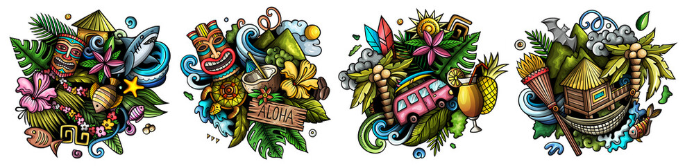 Hawaii cartoon vector doodle designs set. © balabolka