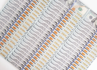 Lots of 100 us dollar banknotes, background. Business and currency exchange concept, copy space for text