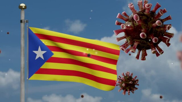 Flu coronavirus floating over Catalonia independent flag, pathogen attacks respiratory tract. Catalan estelada banner waving with pandemic Covid19 virus infection concept. Fabric texture ensign-Dan
