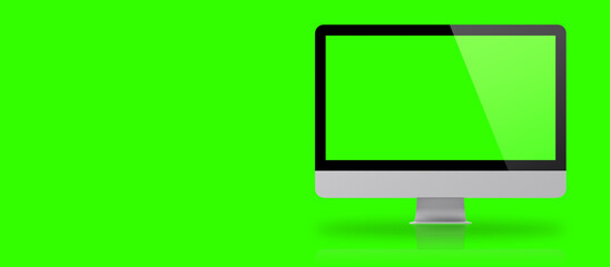 Mockup image of White desktop pc with blank green  screen on green background. suitable for your design element.