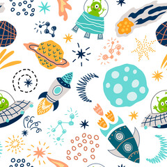 Cute seamless pattern with funny aliens characters and flying saucers and other space elements. Cartoon doodle vector illustration for gift wrapping paper, textile, surface textures, childish design.