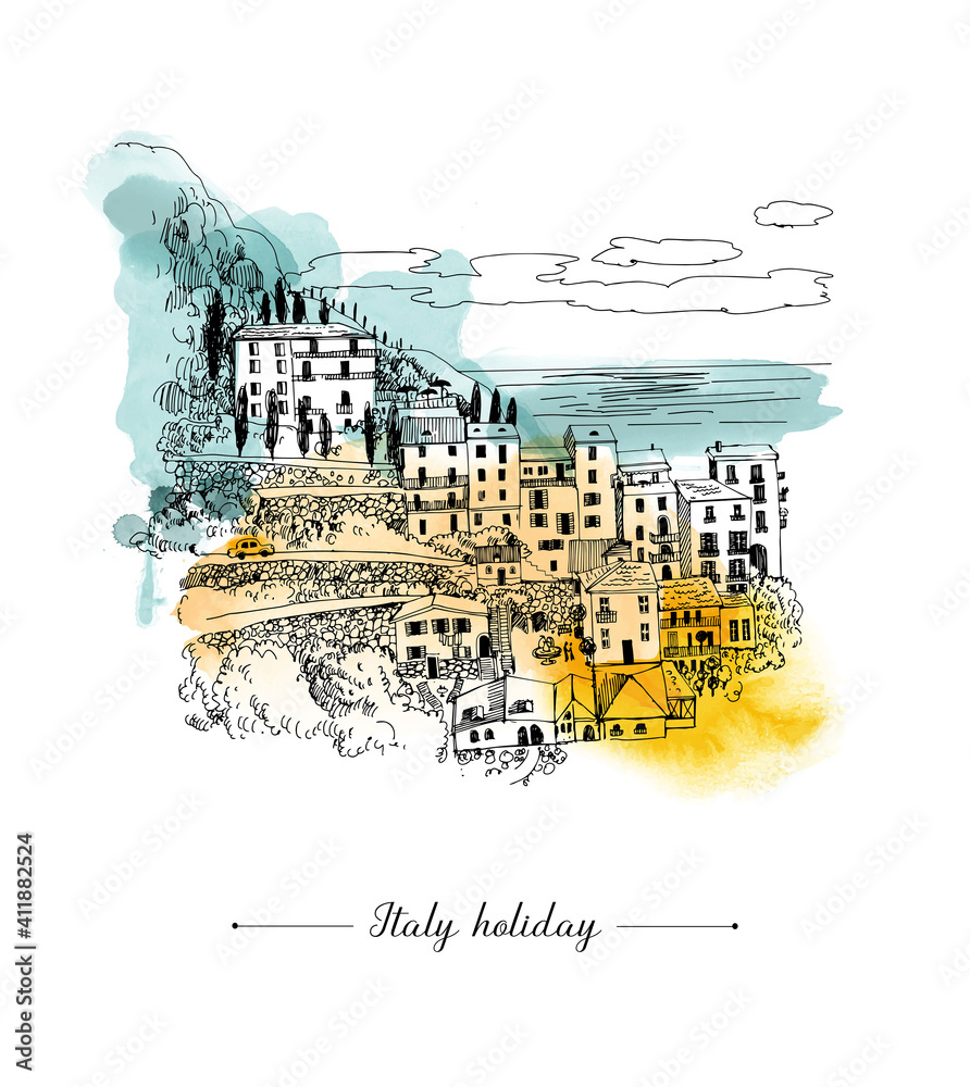 Wall mural Summer holiday card. Illustration  of mediterranean landscape