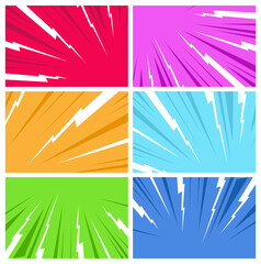 Comic book page composition of different colorful backgrounds. Art explosion for action comic book and manga. Confrontation image illustration of thunder bolt. Flat illustration Comic Style Vector.