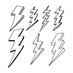 set of hand drawn vector doodle electric lightning bolt symbol sketch illustrations. thunder symbol doodle icon .