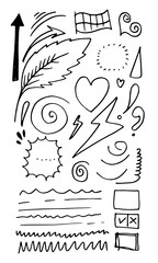 hand drawn set elements, black on white background. arrow,heart, light, flag, emphasis, vortex,exclamation mark, question mark, leaf, straight line, speech bubble, for concept design.