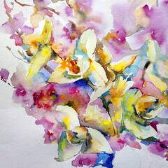 Abstract bright colored decorative background . Floral pattern handmade . Beautiful tender romantic bouquet of spring flowers , made in the technique of watercolors from nature.