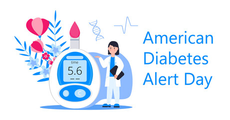 American Association Diabetes Alert Day concept vector in flat style. Event is observed annually on the fourth Tuesday in March. Doctor and glucose meter