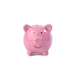 pink ceramic piggy bank isolated on white background
