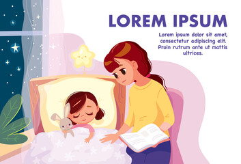 Mother reads bedtime story to put her child to bed. Baby girl sleeping after reading a book. Young mother reading tale story to her daughter sitting near on the bed. Mom tells story in bed room.