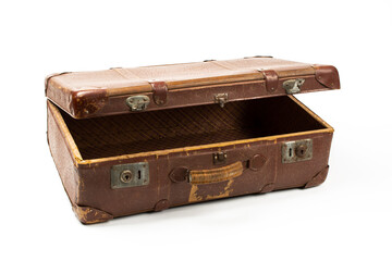 Vintage style. Antiquated and used suitcase  isolated on white background