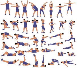 Set of vector silhouettes of man and woman in costume doing fitness, sport and yoga workout isolated on white background.  Icons of sportive boy and girl practicing exercises in different positions.