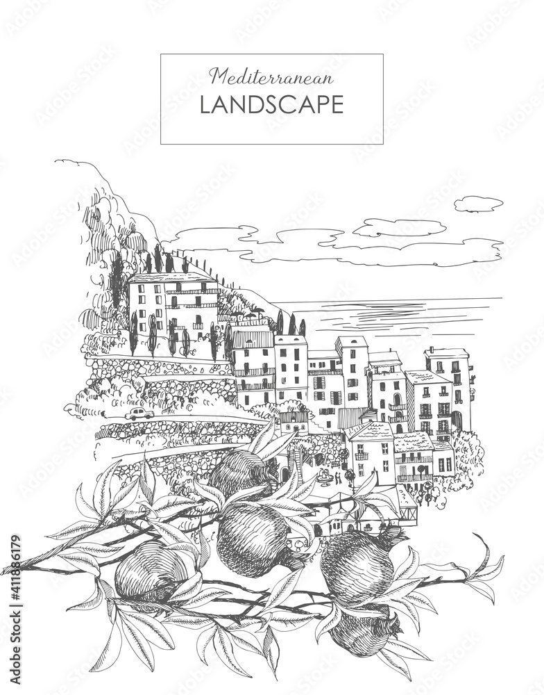 Wall mural summer holiday card. illustration of mediterranean landscape