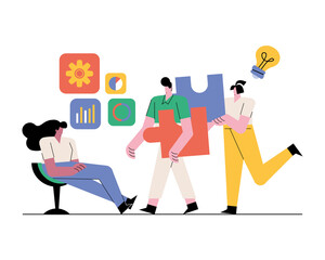 teamworkers characters with business icons