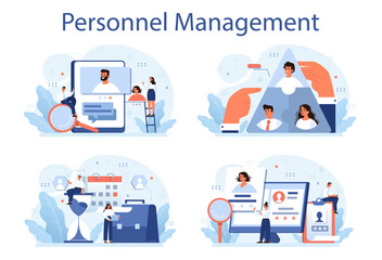 Personnel management concept set. Business recruitment and empolyee adaptation