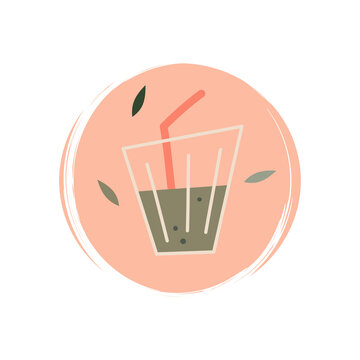 Cute Green Juice Icon Vector, Illustration On Circle With Brush Texture, For Social Media Story And Instagram Highlights