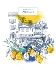 Summer holiday card. Illustration  of mediterranean landscape