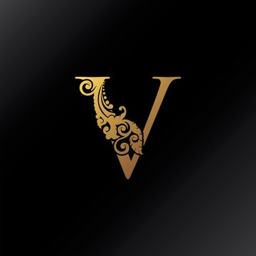 Golden V Letter Logo Ornate Decoration Elegant Swirl Ornament Luxury Style Vector Design