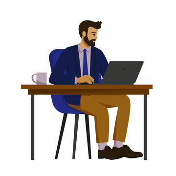 Business man in a suit sitting at the table with a laptop in the office. Manager, office worker. Vector illustration in cartoon style, isolated image