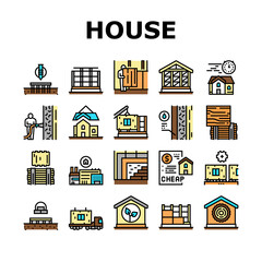 Timber Frame House Collection Icons Set Vector. Pile Screw Foundation And Ecowool Insulation, Wooden And Steel Building Frame Concept Linear Pictograms. Contour Color Illustrations