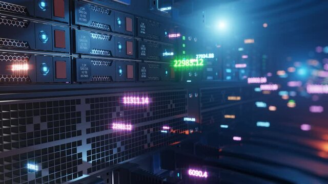 Abstract data center with endless servers and bright counters. Big data. Stock market. Network and information servers. A server room with twinkling lights. 4K 3D
 loop animation