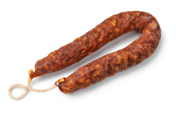 Single Spanish Chorizo sausage close up on white background