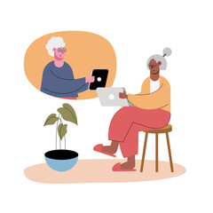 old women using technology in video calling characters